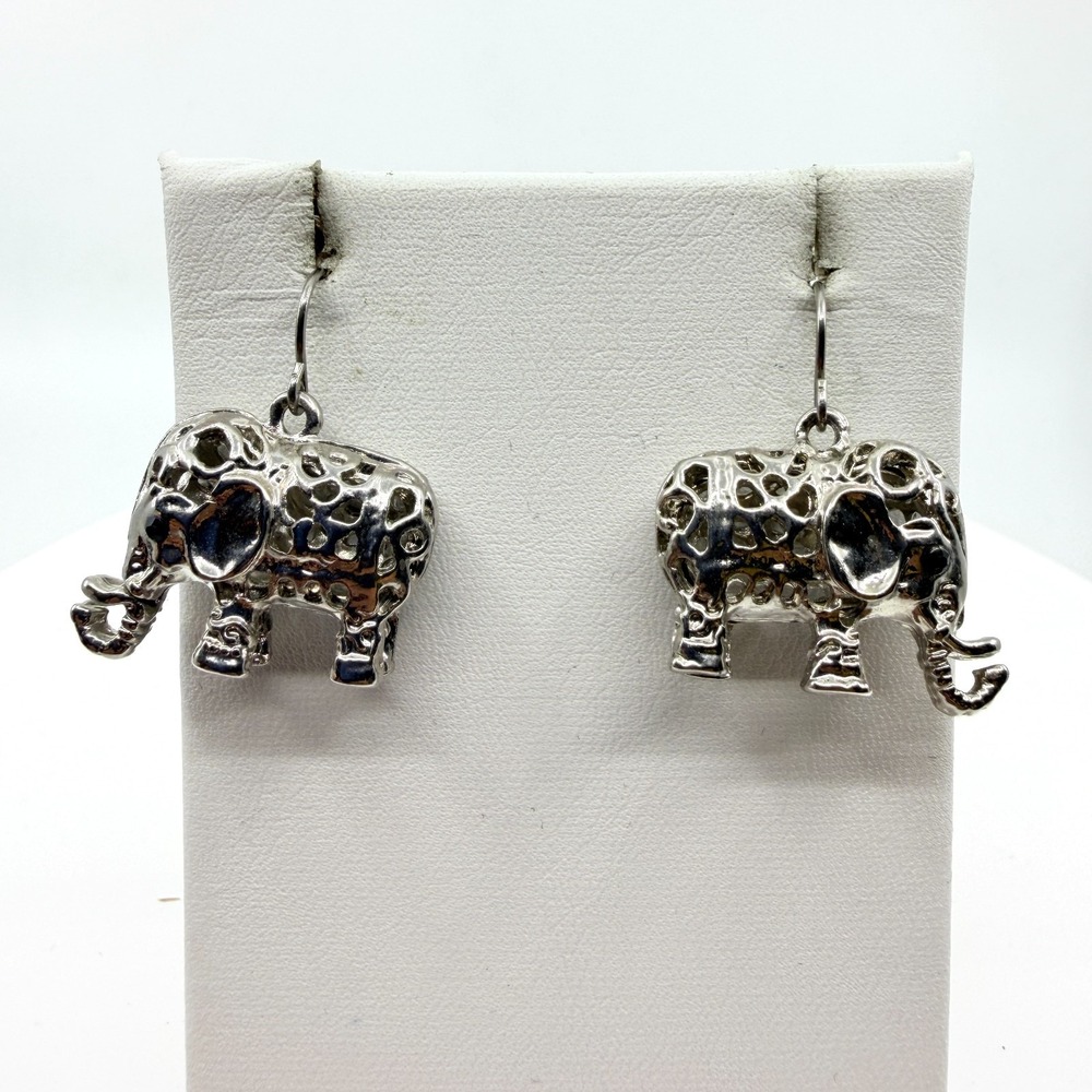 VTG Silver Tone Hammered Filigree Elephant Dangle Earrings Boho Style